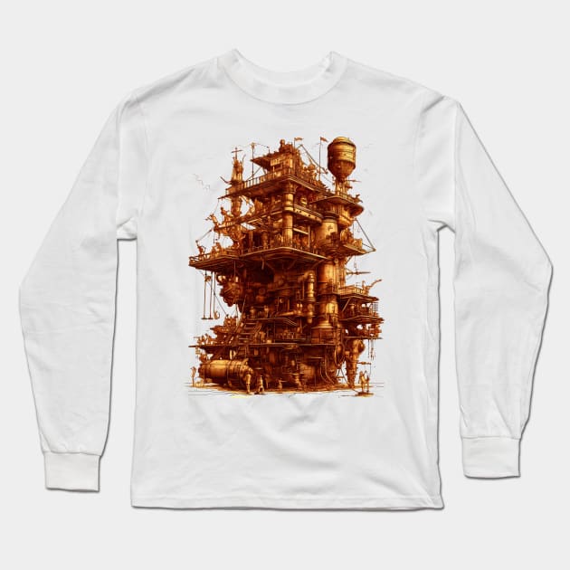 Victorian Rube Goldberg Steampunk Machine Architecture Long Sleeve T-Shirt by entwithanaxe